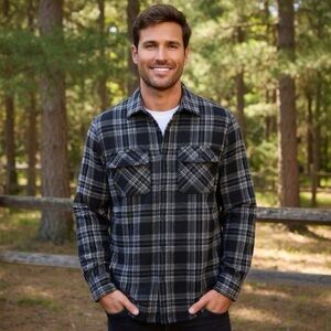 Lucky Brand Men's Black Gray Plaid Brushed Knit Shirt Caviar Multi Shacket Soft